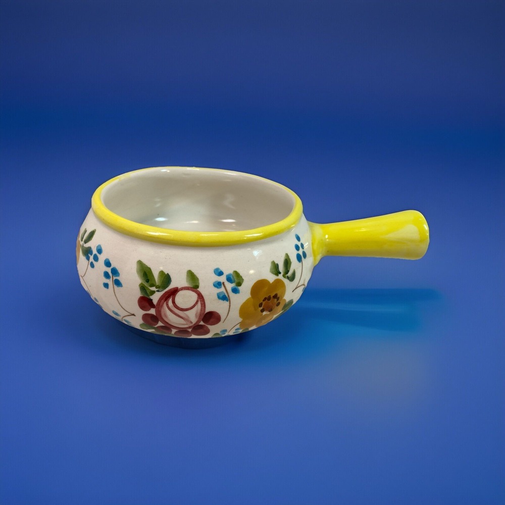 Soup Bowl Crock Handle Hand Painted Portugal FTD Flowers